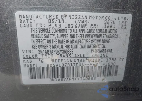 2019 Nissan Sentra S z USA, uszkodzony, nr VIN 3N1AB7AP9KY360883